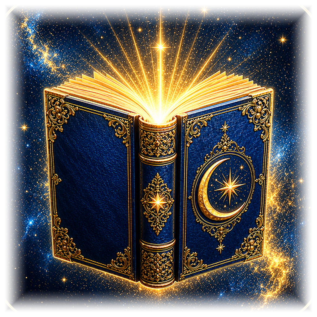Grimoire bleu nuit entrouvert aux ornements dorés, croissant de lune et étoile, entouré d'une voie céleste étoilée