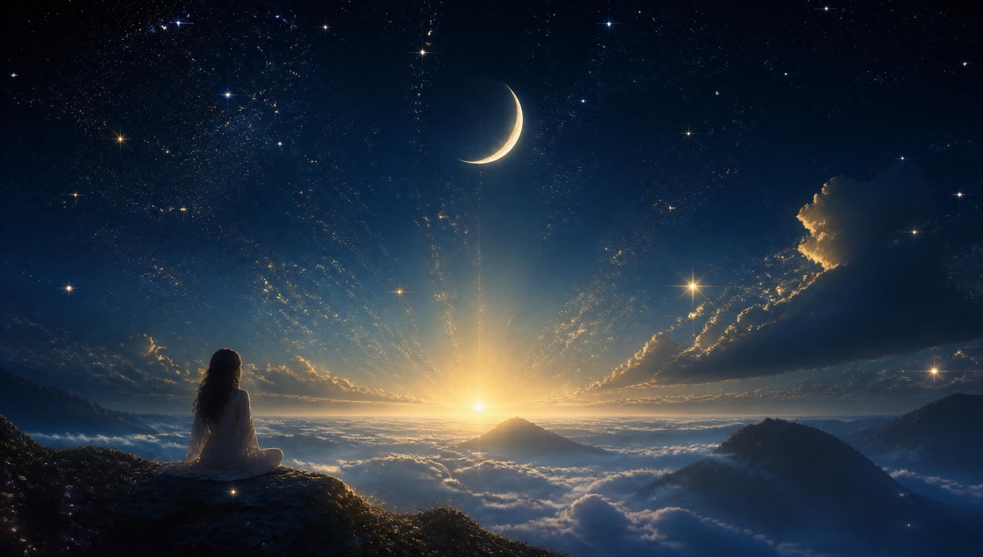 Celestial night sky with golden stars and moonlight